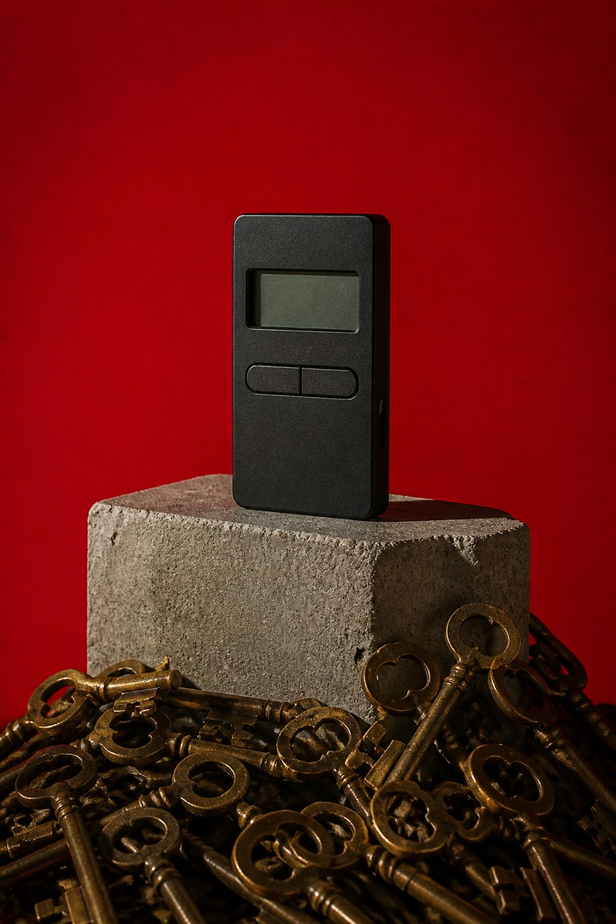 Zerith hardware wallet on a concrete plinth above brass keys, red backdrop