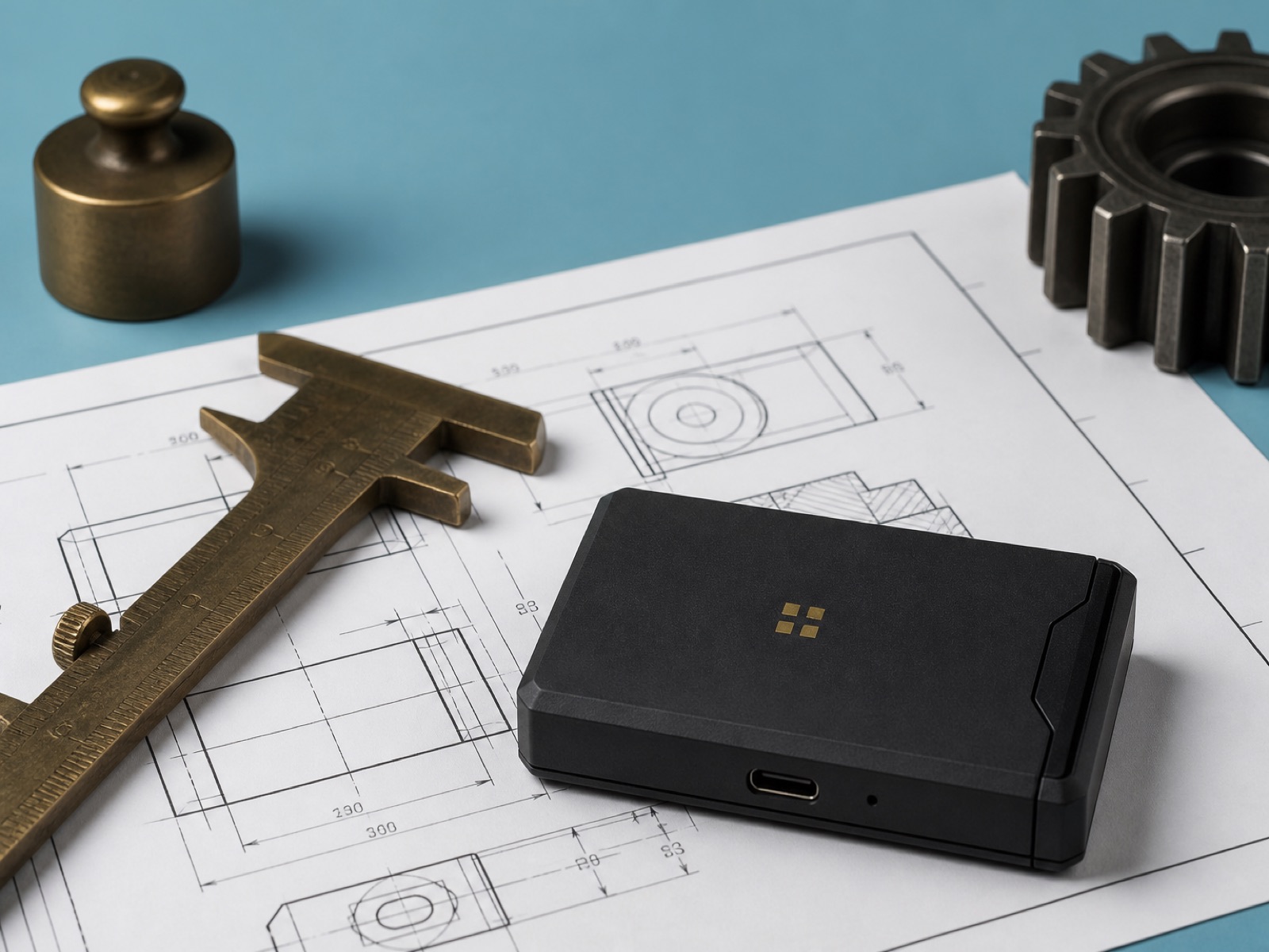 Zerith device beside brass calipers and an engineering drawing on blue